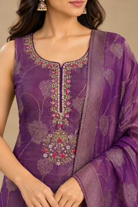 Purple Floral Printed Kurta Set with Dupatta