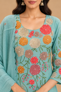 Aqua Blue Mul Chanderi Floral Embroidered Straight-Cut Suit Set