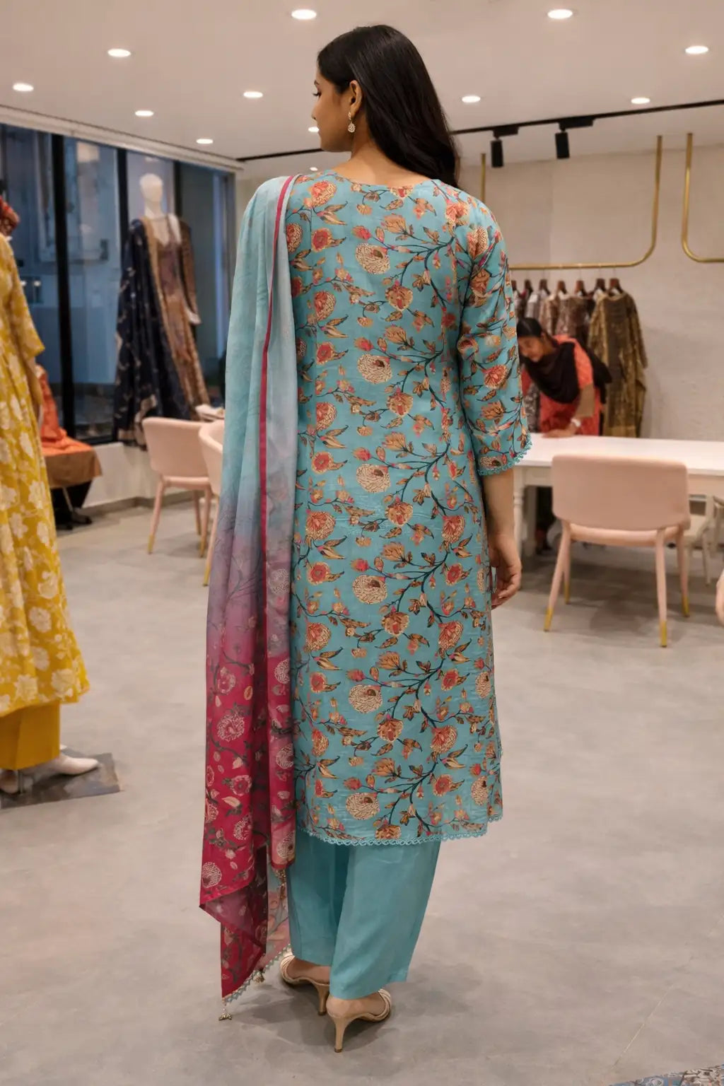 Teal Floral Printed Kurta Set with Contrast Dupatta