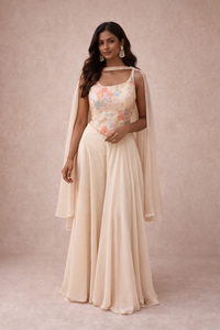 Ivory Silk Floral Co-ord Set with Cape Dupatta