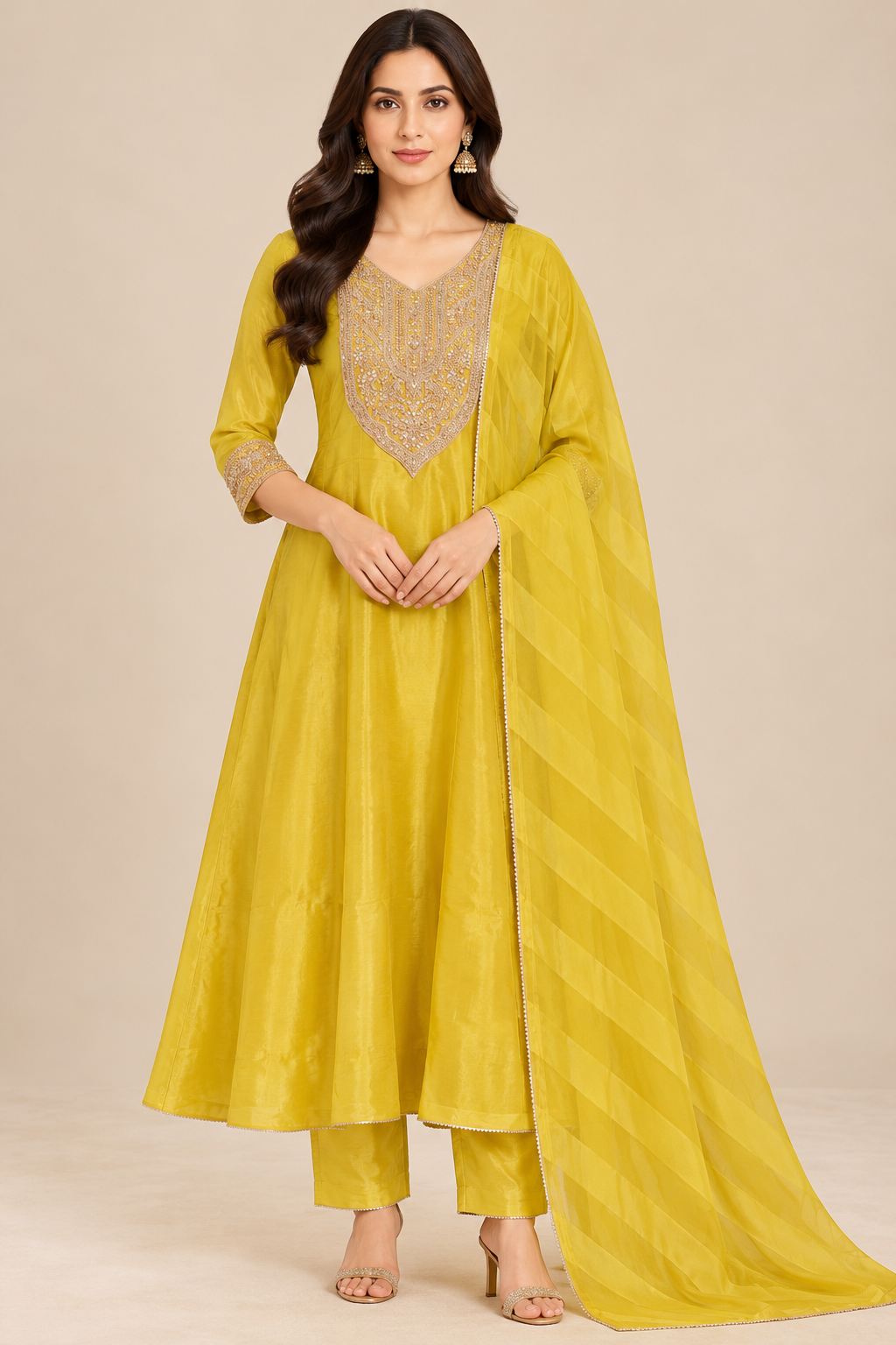 Mustard Yellow Embellished Anarkali Kurta Pant Set with Dupatta