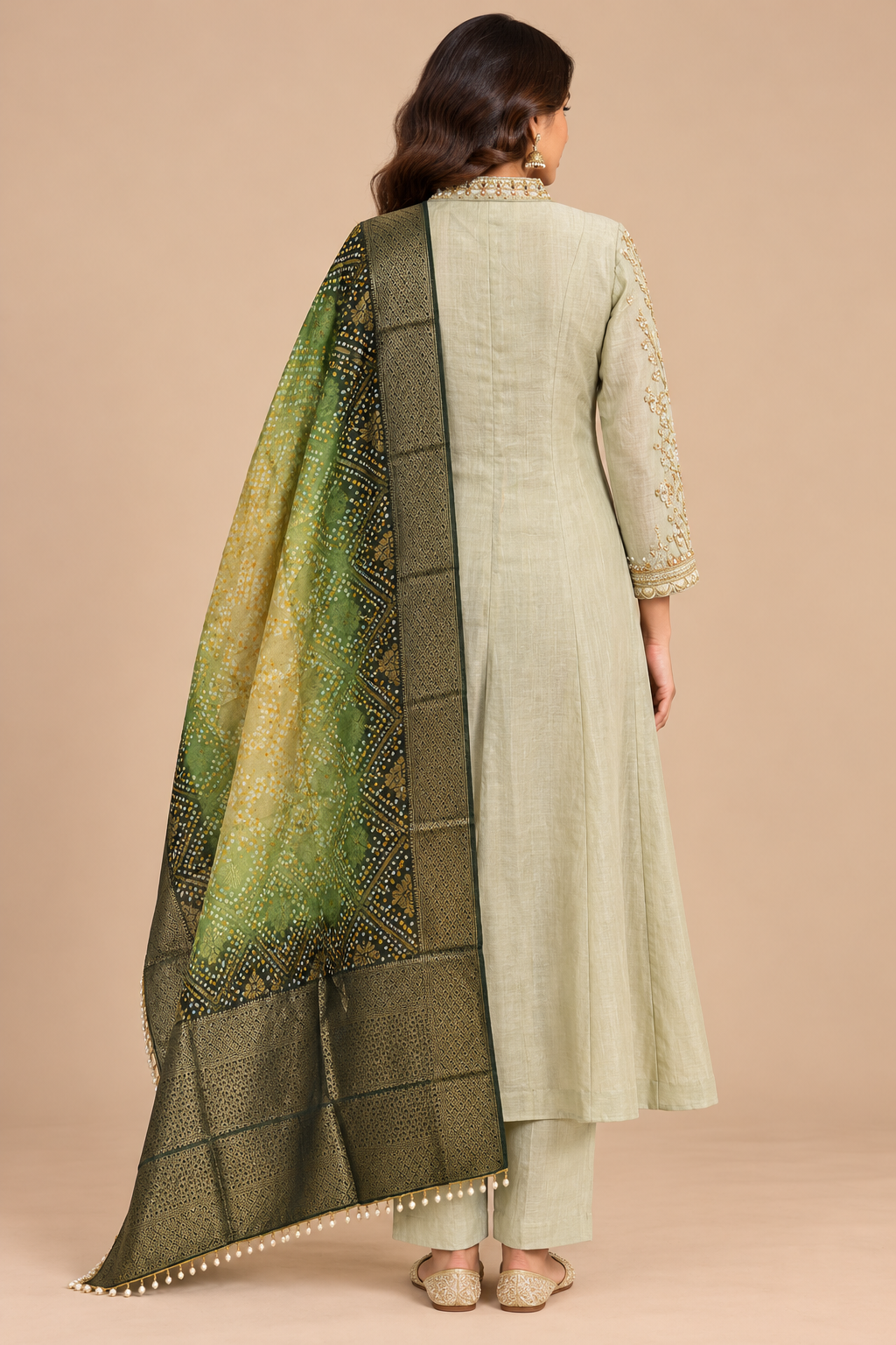 Sage Green Straight Kurta Pant Set with Green Printed Dupatta