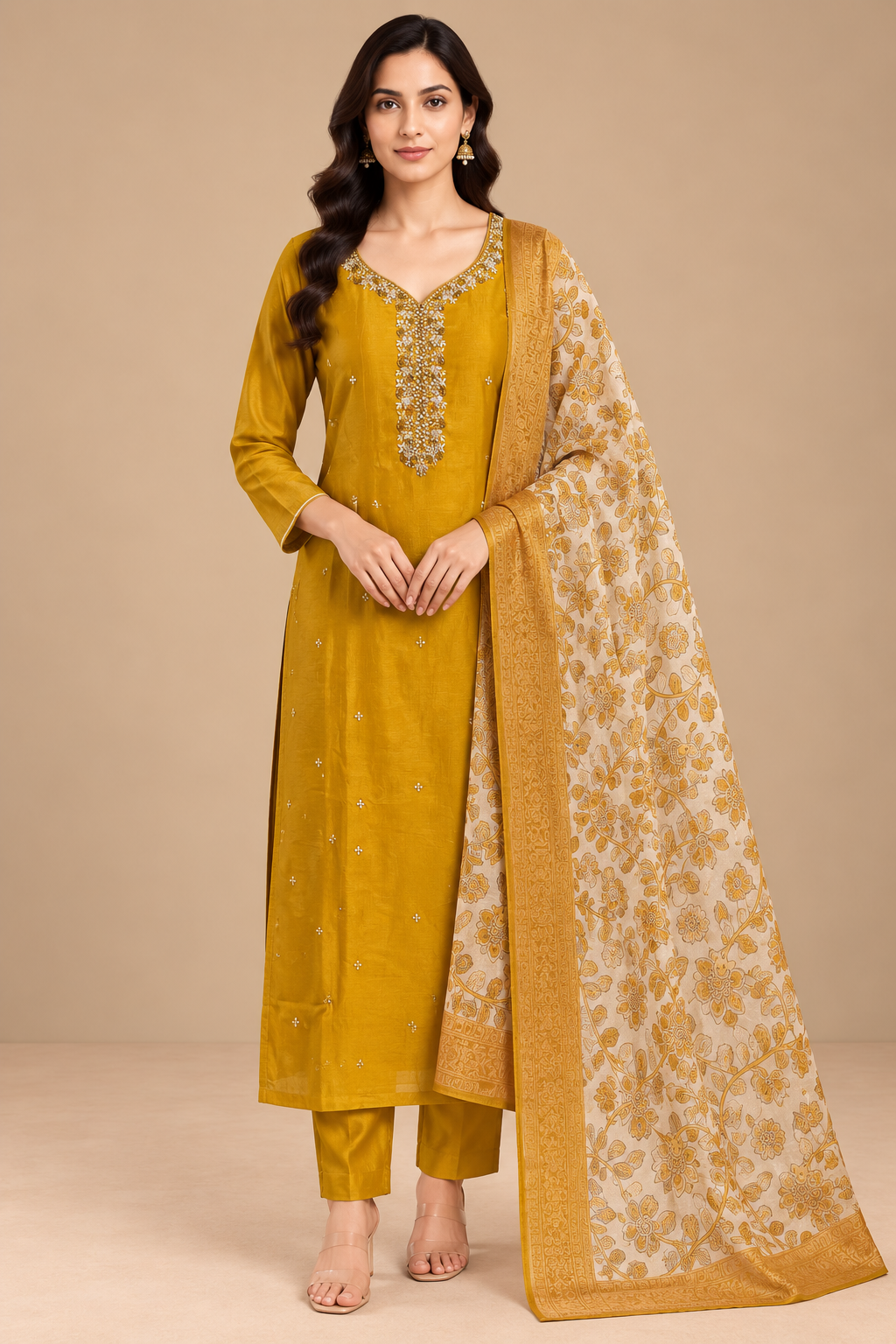 Mustard Yellow Embroidered Kurta Set with Floral Dupatta