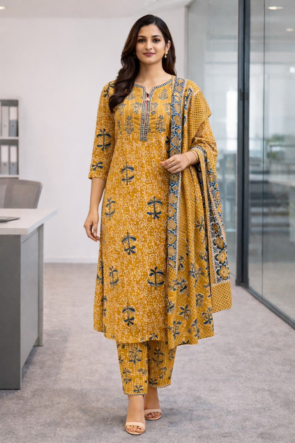 Mustard Yellow Cotton Printed Kurta Pant Set with Dupatta
