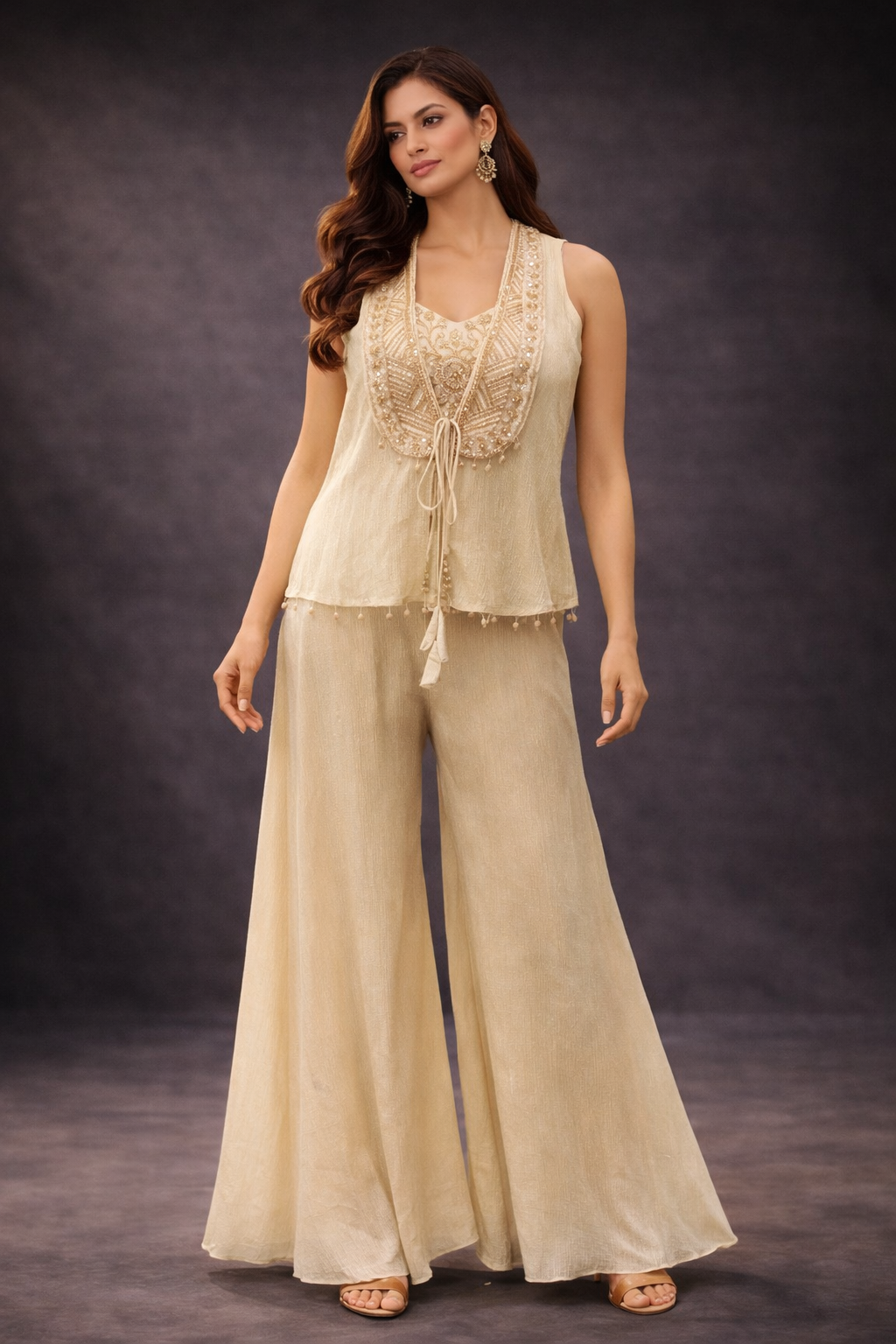 Beige Embroidered Tissue Co-ord Set with Layered Top