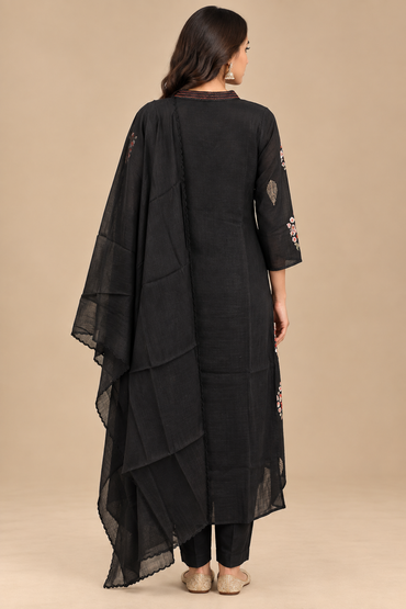 Black Floral Embroidered Kurta Set with Dupatta
