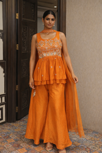 Orange Embroidered Tissue Silk Peplum Sharara Set with Dupatta for Women
