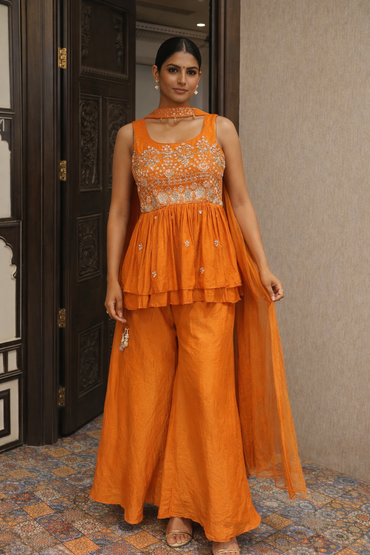 Orange Embroidered Tissue Silk Peplum Sharara Set with Dupatta for Women