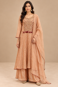 Peach Embroidered Anarkali Palazzo Suit Set with Dupatta