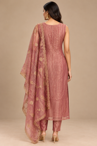 Dusty Rose Embroidered Straight Suit Set with Organza Dupatta  Product Type: