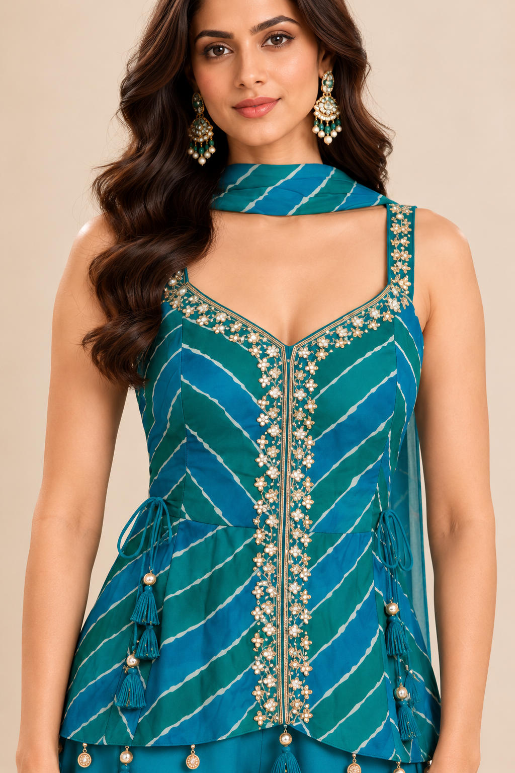 Teal Blue Embroidered Peplum Top with Palazzo Pants Set