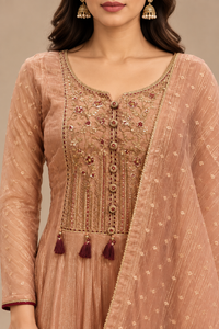 Peach Embroidered Anarkali Palazzo Suit Set with Dupatta