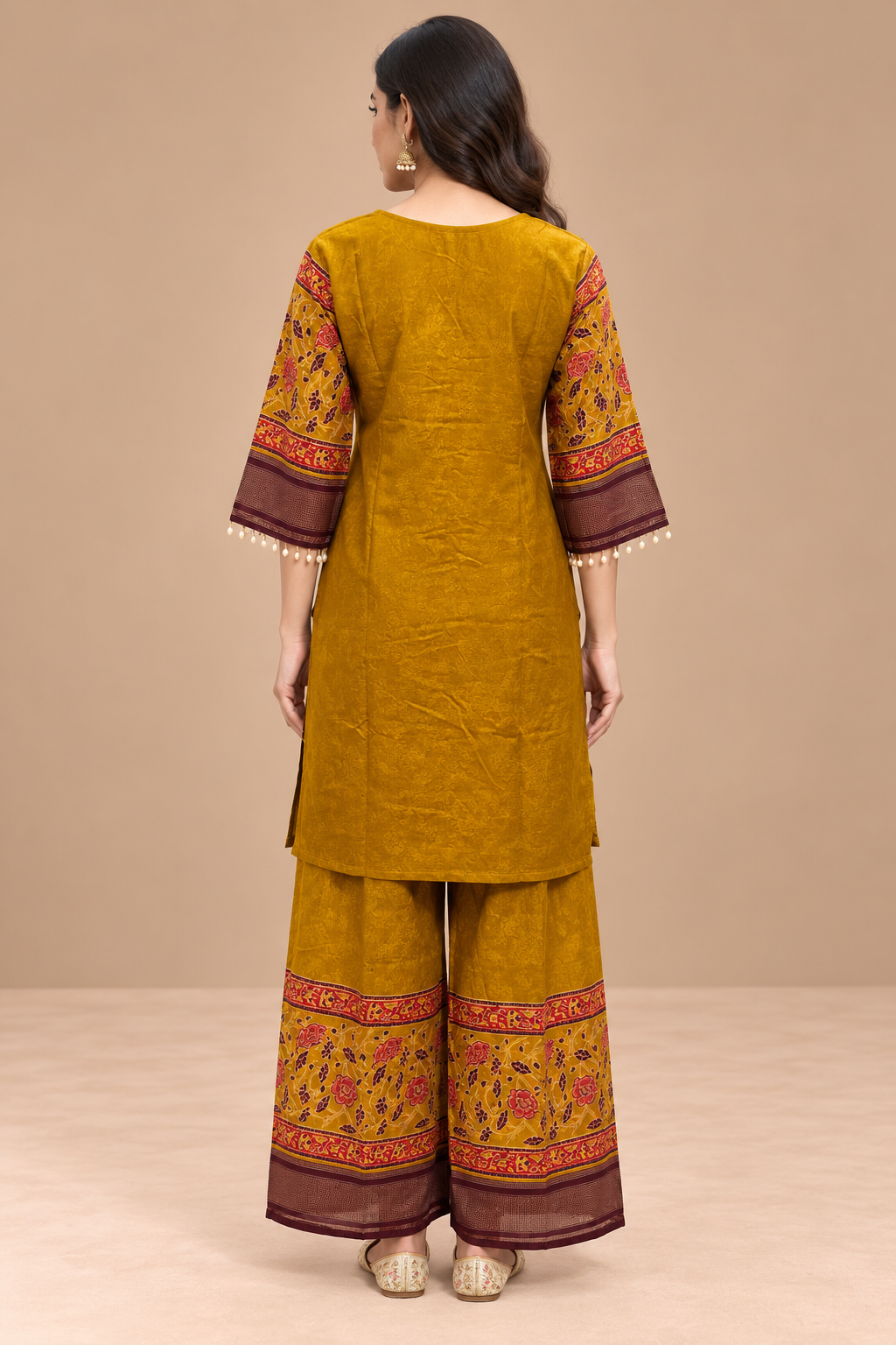 Mustard Yellow Printed Kurta Palazzo Set with Ethnic Border Detailing