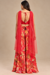 Red Floral Printed Palazzo Set with Embellished Crop Top & Dupatta