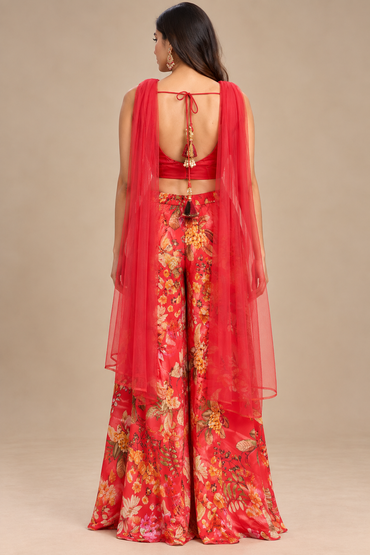 Red Floral Printed Palazzo Set with Embellished Crop Top & Dupatta