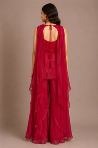 Ruby Pink Tissue Embroidered Sharara Set