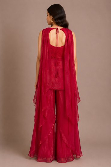 Ruby Pink Tissue Embroidered Sharara Set