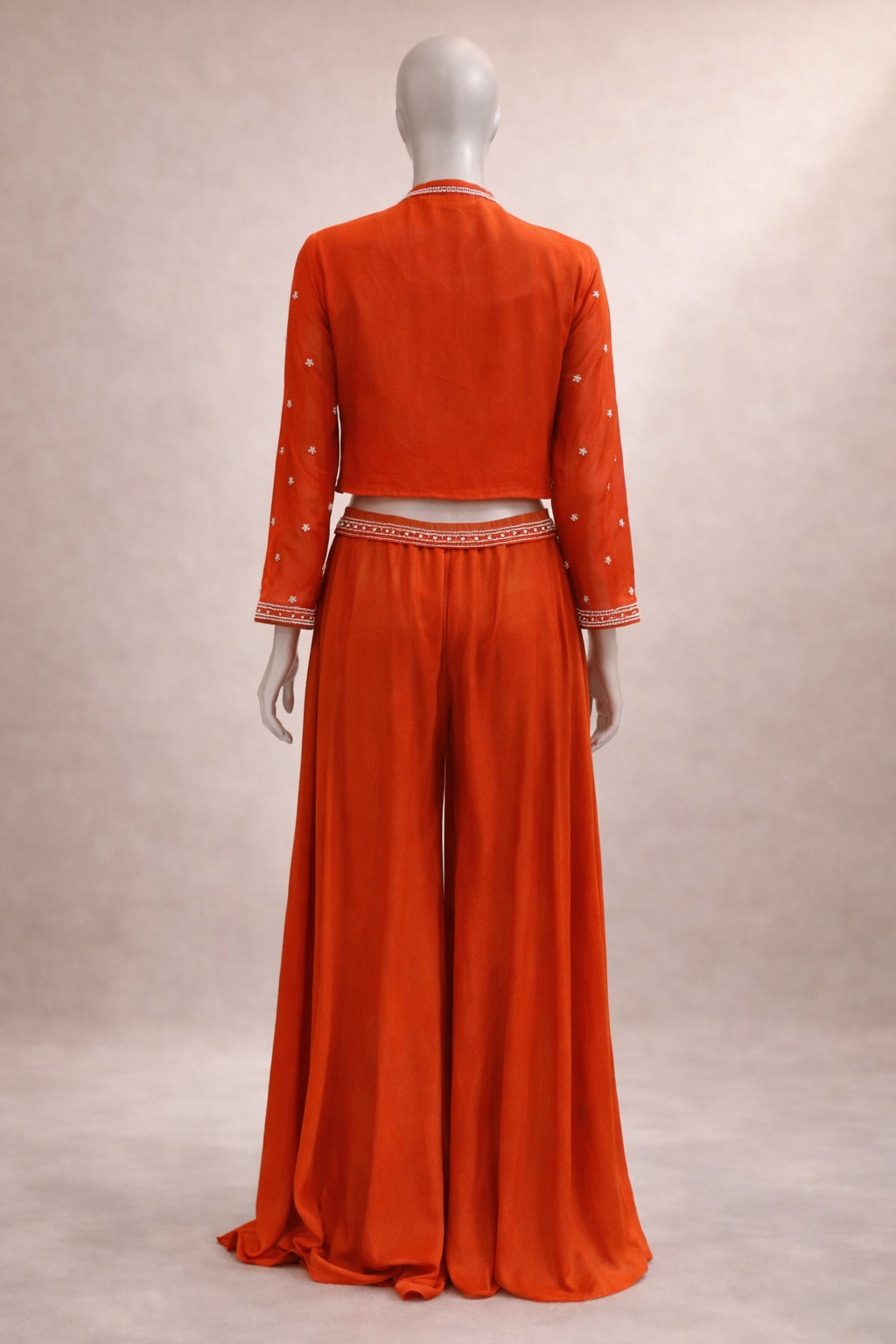Vibrant Orange Silk Co-ord Set with Embroidered Crop Top & Jacket