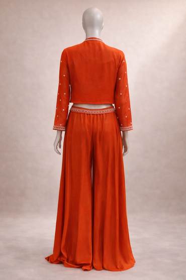 Vibrant Orange Silk Co-ord Set with Embroidered Crop Top & Jacket