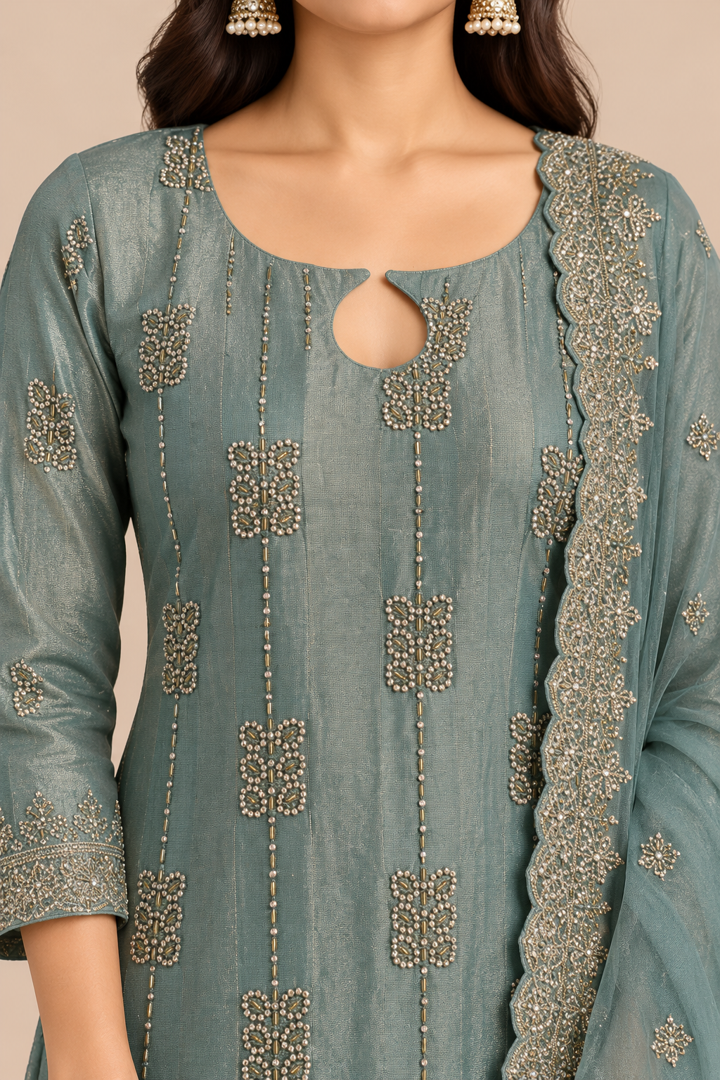 Sage Green Embroidered Kurta Pant Set with Matching Dupatta