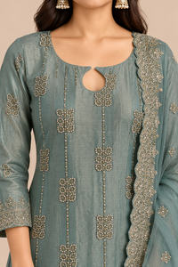 Sage Green Embroidered Kurta Pant Set with Matching Dupatta