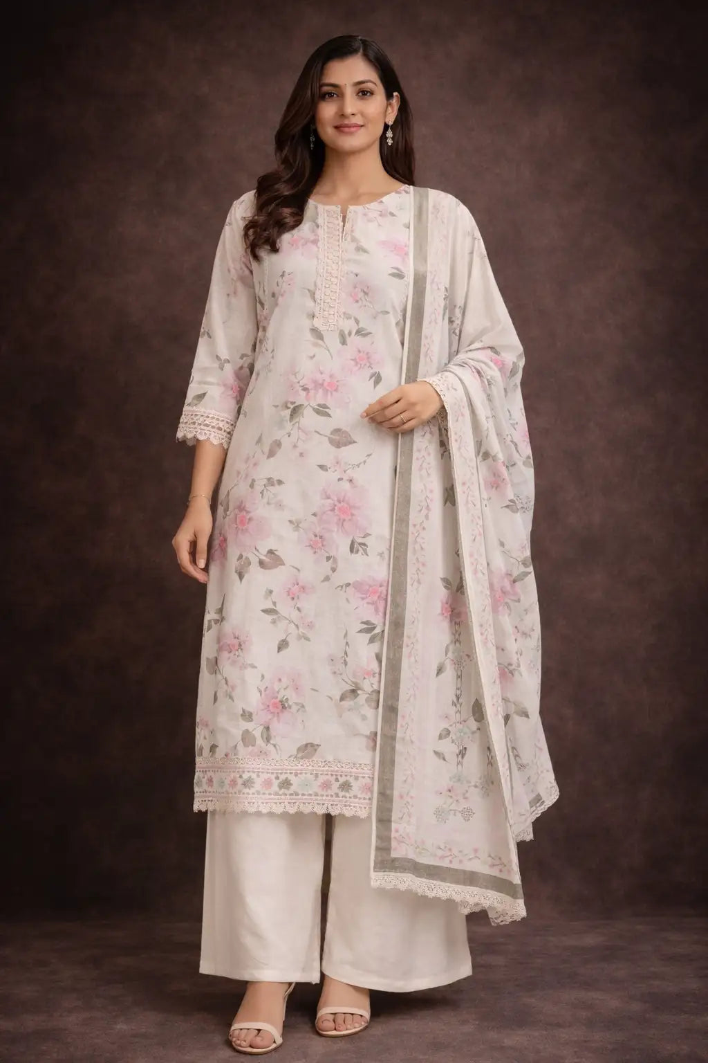 Beige Pastel Floral Kurta Set with Dupatta