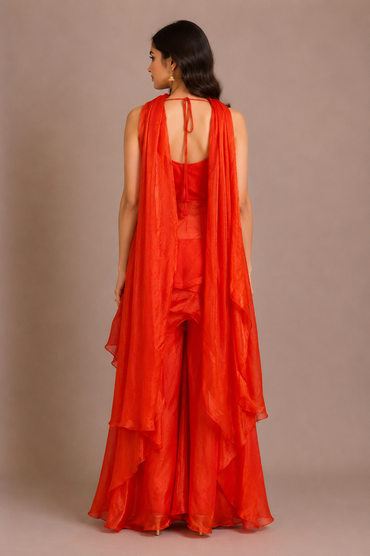 Vermilion Red Tissue Silk Embroidered Sharara Set