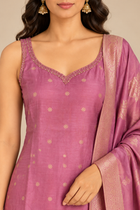 Mauve Pink Ethnic Suit Set with Gold Border Dupatta