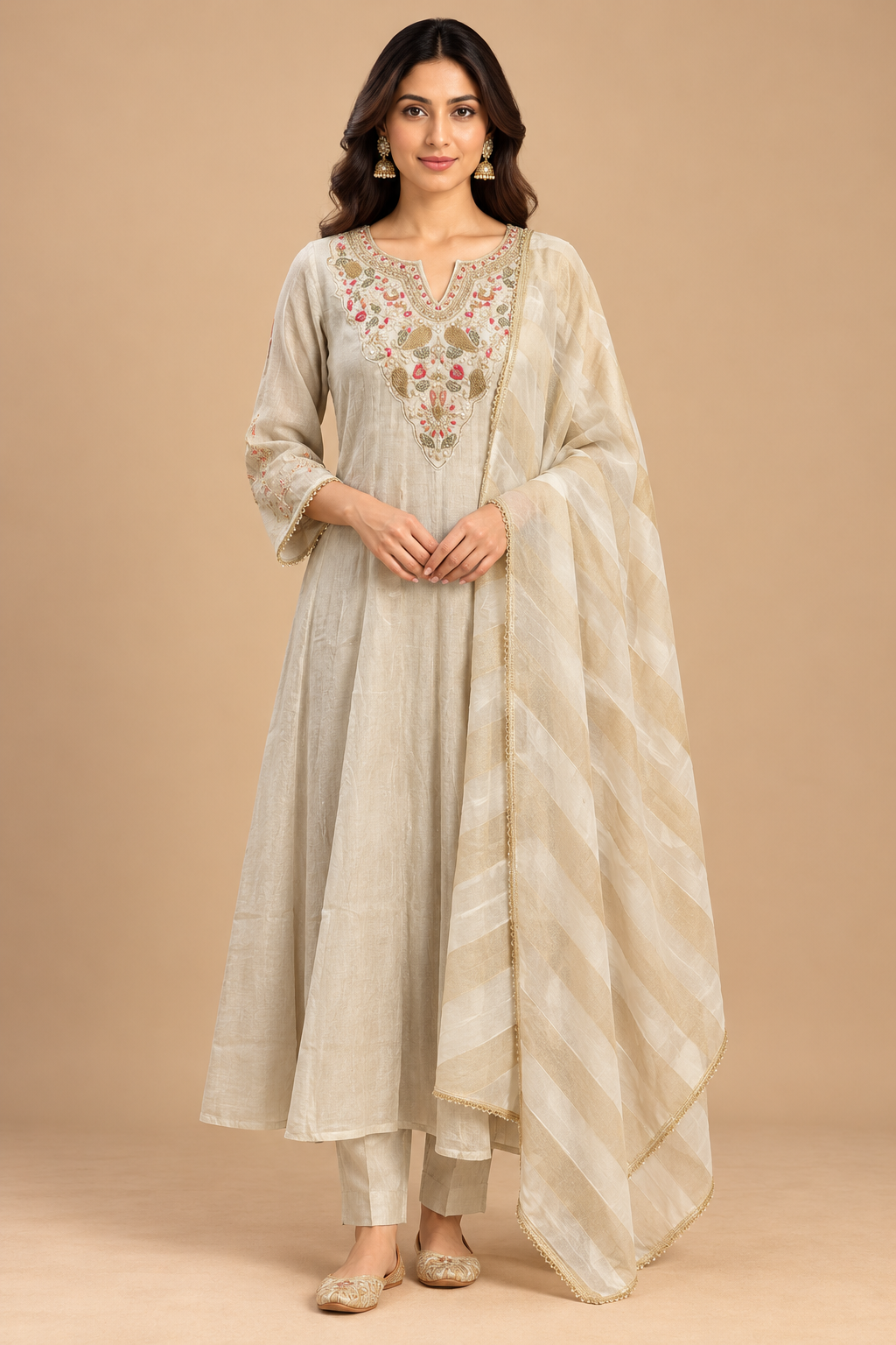 Ivory Anarkali Kurta Pant Set with Embroidered Neckline and Striped Dupatta