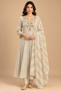 Ivory Anarkali Kurta Pant Set with Embroidered Neckline and Striped Dupatta