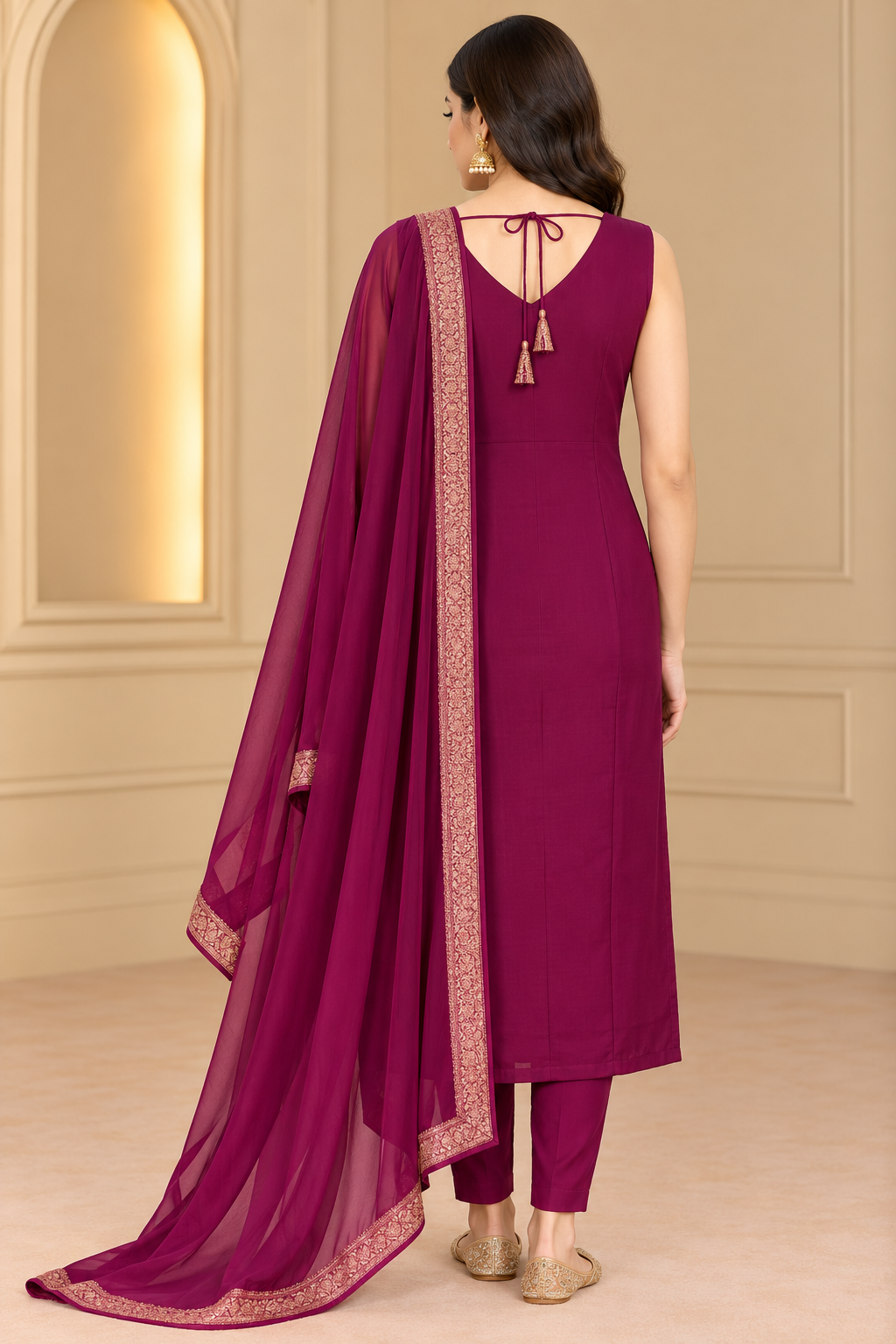 Wine & Gold Embroidered Straight Kurta Set with Dupatta