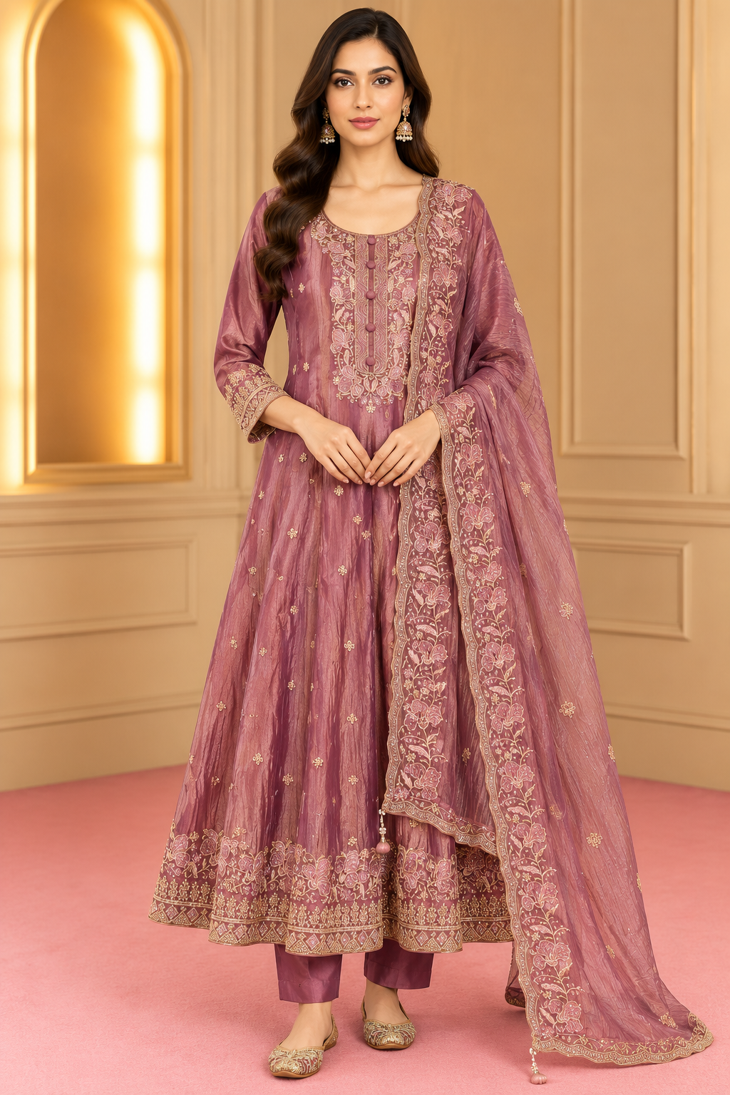 Mauve Pink Embroidered Anarkali Kurta Set with Dupatta