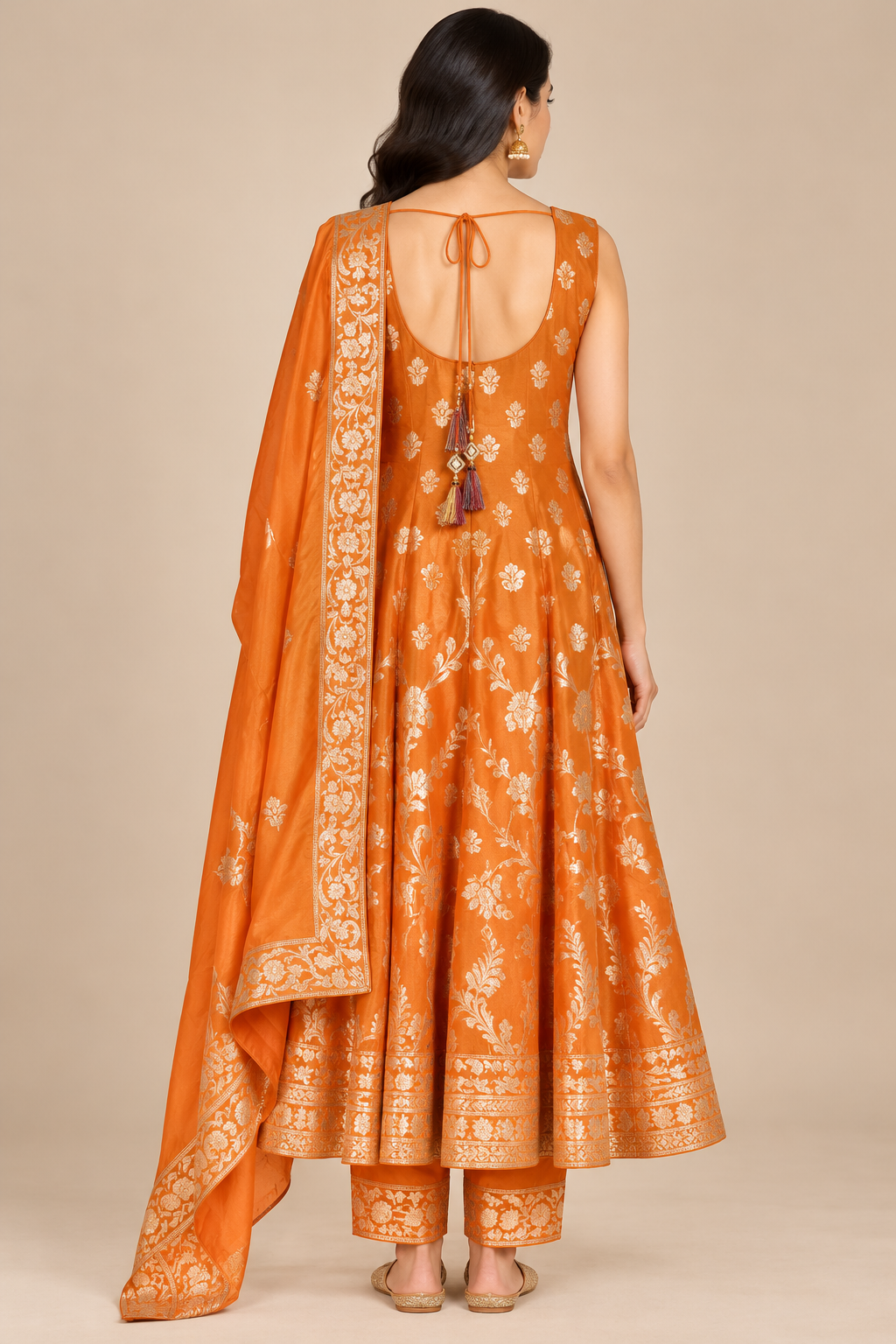Orange Floral Embroidered Anarkali Suit Set with Dupatta