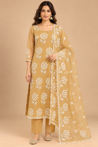 Mustard Yellow Floral Printed Kurta Pant Set with Scalloped Dupatta