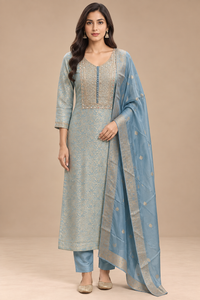 Powder Blue Embroidered Straight Kurta Pant Set with Dupatta