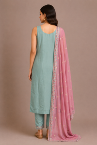 Powder Blue Silk Embroidered Straight-Cut Suit Set