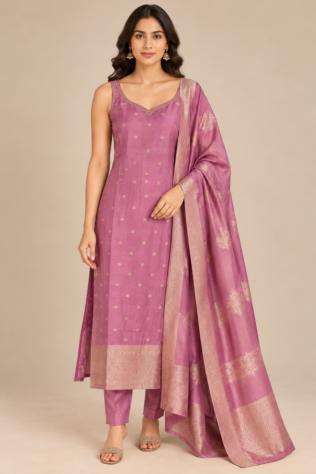 Mauve Pink Ethnic Suit Set with Gold Border Dupatta