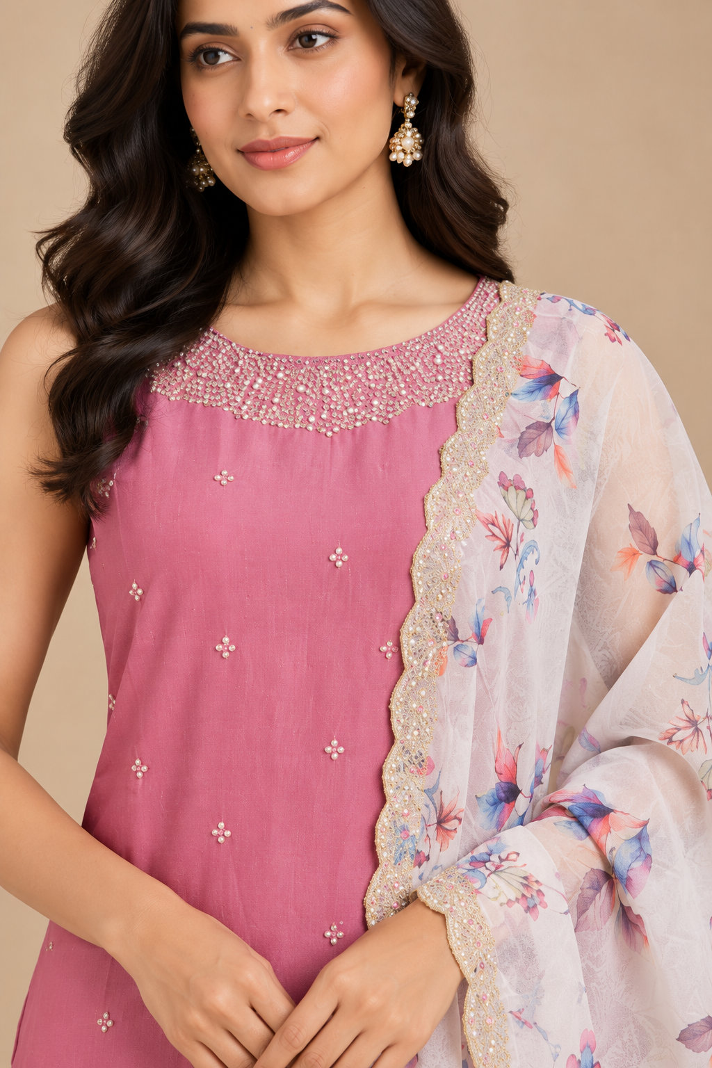 Pink Embroidered Kurta Set with Floral Printed Dupatta