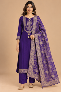 Royal Purple Embroidered Kurta Pant Set with Ornate Printed Dupatta