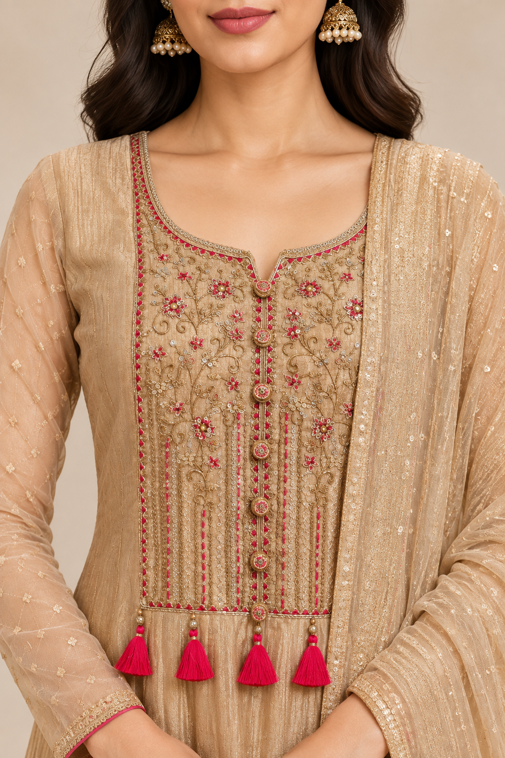 Beige Embroidered Anarkali Palazzo Suit Set with Dupatta