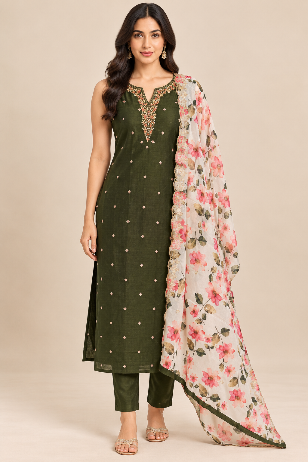 Dark Olive Green Embroidered Kurta Pant Set with Floral Dupatta