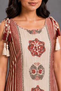 Red & Beige Printed Kurta Palazzo Set with Tassel Detailing
