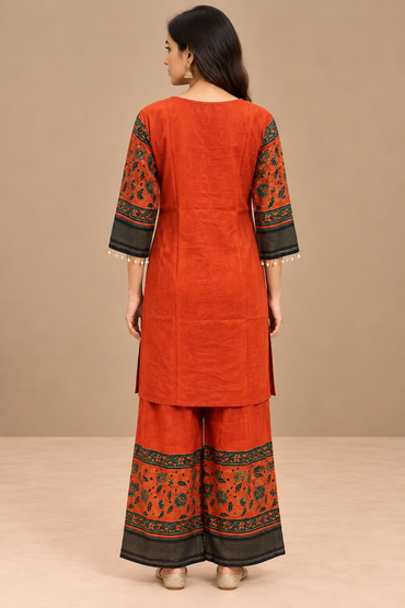 Rust Orange Soft Silk Printed Co-ord Set