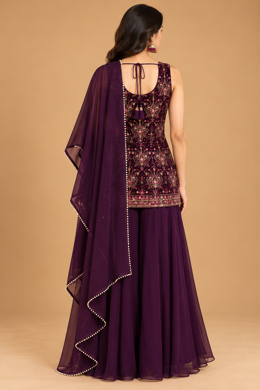 Deep Wine Purple Embroidered Kurta Set with Flared Palazzo and Dupatta