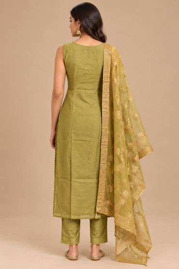 Olive Green Embroidered Straight Kurta Set with Dupatta