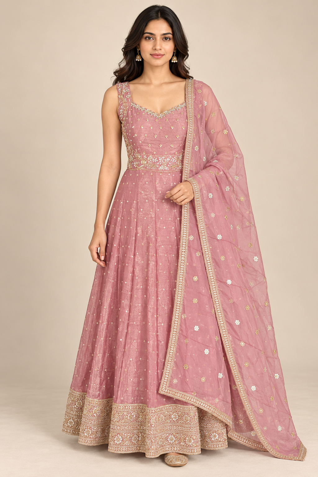 Dusty Pink Embroidered Anarkali Gown with Dupatta