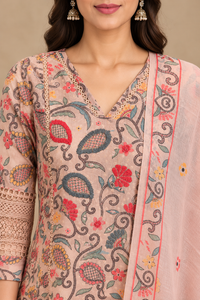 Blush Peach Cotton Printed Straight-Cut Suit Set