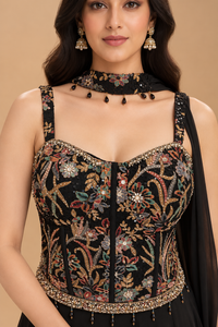 Black Silk Embroidered Sharara Set