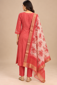 Coral Pink Embroidered Kurta Set with Floral Dupatta