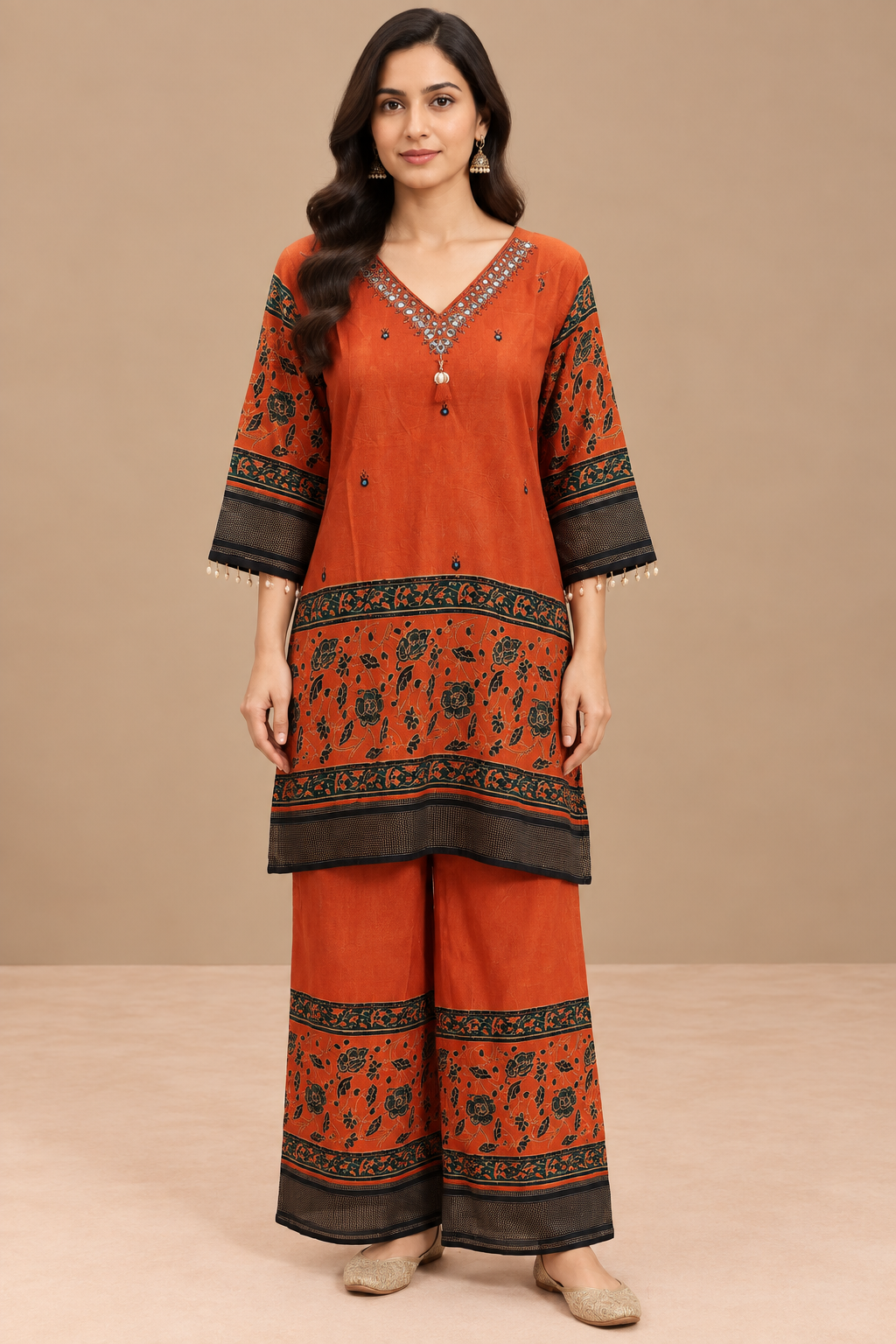 Rust Orange Soft Silk Printed Co-ord Set